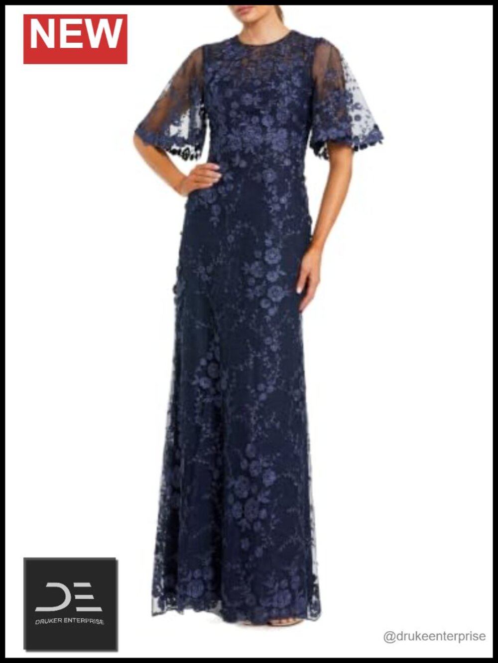 Floral Embroidered Net Gown Flutter Sleeve Formal Maxi